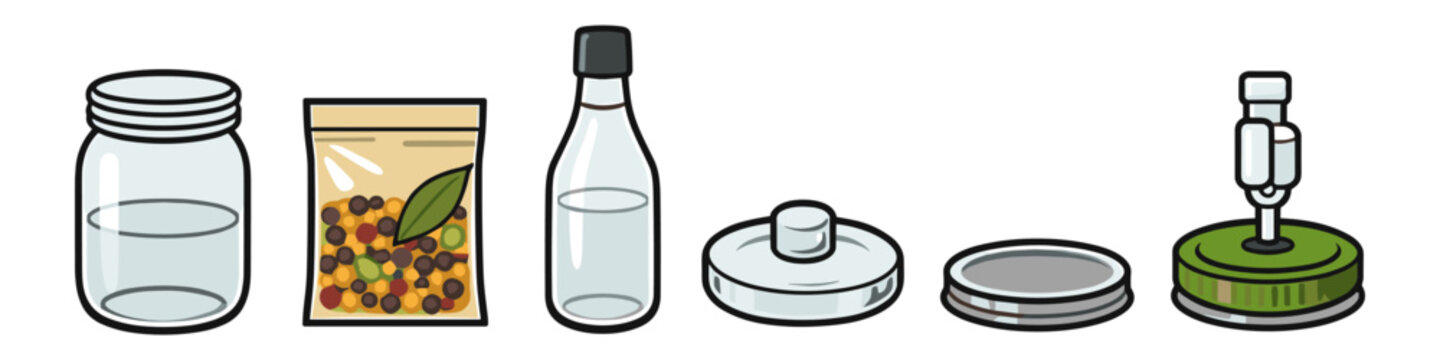 Fermentation supplies including jar, spices, bottle, and airlock for home brewing
