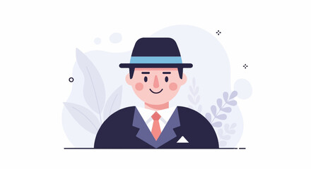 A cheerful, cartoon-style man in a dark suit, white shirt, orange tie, and fedora hat