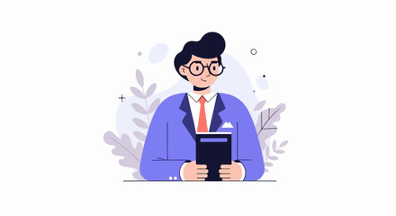 A stylized, flat illustration of a smiling man in glasses, wearing a blue suit and red tie, holding a book