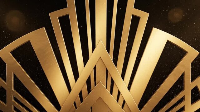 Golden art deco style geometric pattern with elegant light rays and shimmering particles creating