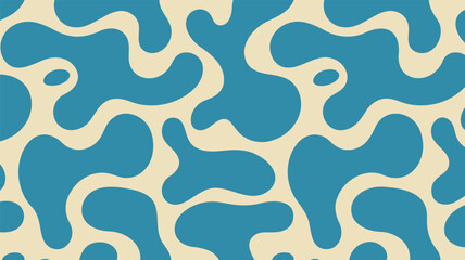 Abstract camouflage pattern with large blue organic fluid blobs on beige backdrop