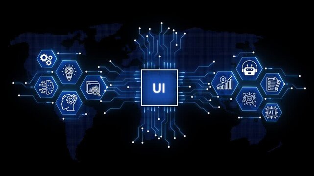 animation Fintech Regulation Concept: UI Logo and Data Analytics Icons over Blue World Map animation on the black background.4k video.