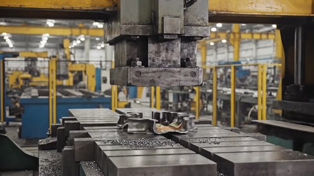 Heavy industrial machine precisely stamps a l sheet in a modern manufacturing factory setting