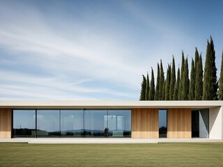 Fototapeta premium Elegant minimalist residence with sleek design, glass windows and nature views