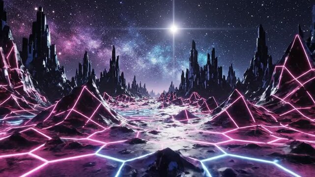 A vibrant futuristic alien landscape with glowing neon hexagonal patterns under a starry sky