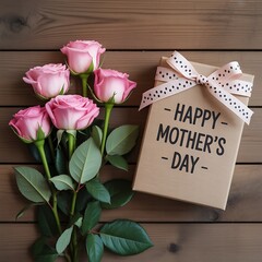 Fototapeta premium Pink roses and happy mother's day card on wooden background