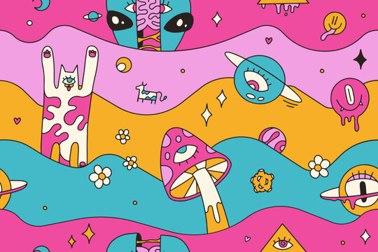 Psychedelic trippy seamless pattern with weird cat, distorted alien with brain and magic eye mushroom. Surreal space background with melting wavy shapes. Groovy retro 70s hallucinogenic vibrant vector