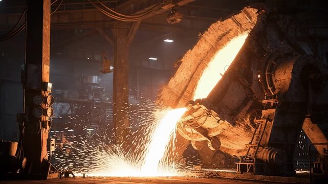 Side profile of a ladle furnace in a secondary metallurgy refining bay with glowing arcs and detailed instrumentation softly blurred in the background.