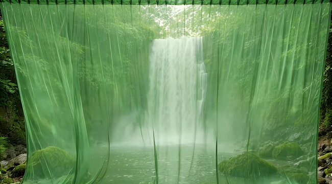 Lush waterfall obscured by a sheer green curtain, surrounded by foliage