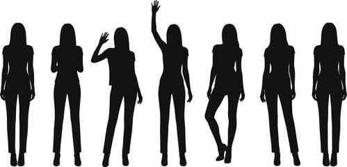 Silhouette woman standing poses, female body posture collection, black figure gestures, abstract lady outline, fashion model stance, body language illustration, design element © Zentrix