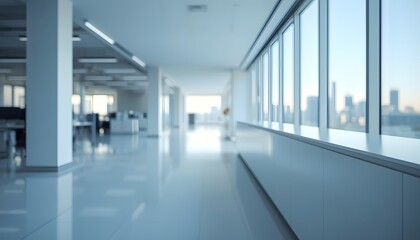 Obraz premium A modern office interior with a sleek and minimalist design featuring large windows and a city skyline view