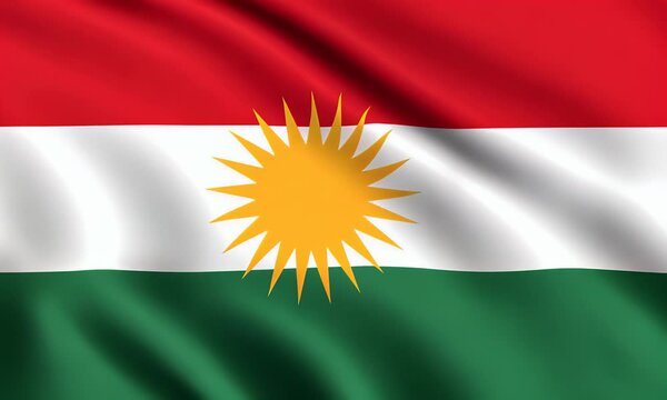 Kurdish flag waving with red, white, and green colors and a yellow sun emblem in the center
