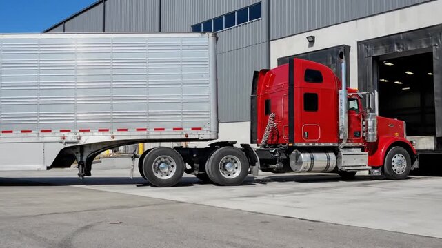 A large red semi-truck with a silver trailer is carefully backing into a loading dock at