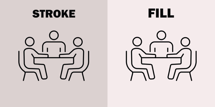 Black line of two people sitting across from each other at a table with a third person between