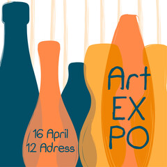 Art EXPO Poster with Abstract Layered Bottle Illustrations and Hand-Drawn Textured Background for Creative Events © Iuliana