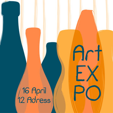 Art EXPO Poster with Abstract Layered Bottle Illustrations and Hand-Drawn Textured Background for Creative Events