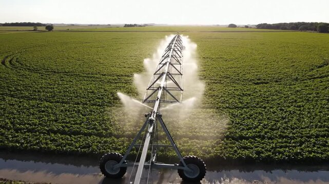Automated center pivot irrigation system watering a vast green agricultural field under a clear sky.