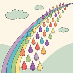 Fototapeta premium Whimsical Rainbow Arch with Colorful Raindrops Falling and Gentle Clouds in a Pastel Sky Illustration