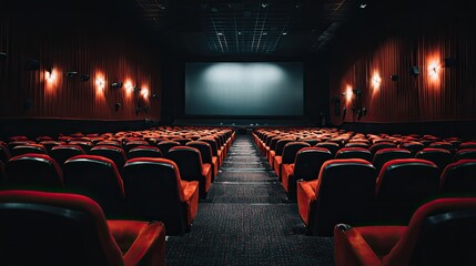 Fototapeta premium An empty cinema hall with rows of red and black seats facing a blank projection screen