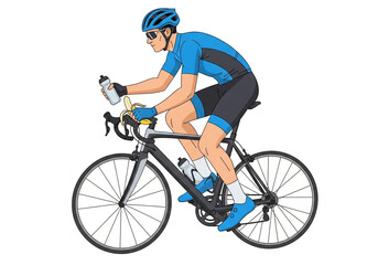 Obraz premium Male Cyclist on Road Bike Holding Water Bottle Illustration. Athlete Riding Bicycle in Blue Sportswear. Man Training for Fitness, Sport & Healthy Lifestyle on White Background.