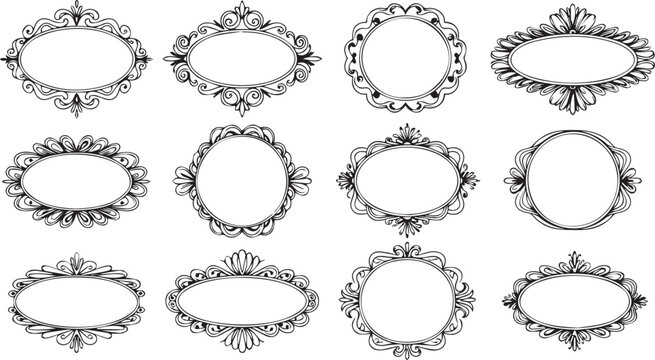 Cute wavy wedding frame, vector hand drawn oval vintage border set. Coquettish celebration design. Elegant classic line decoration background, simple postcard decor. Whimsical invitation frame set26