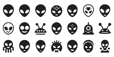 Set of black alien head icons in a row isolated on white background. vector illustration for science © Anzuman