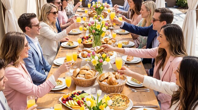 Group of friends toasting with mimosas at festive Easter brunch  