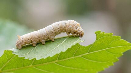 Fototapeta premium Silkworm eating a mulberry leaf in a natural outdoor setting 