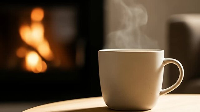 Steaming hot coffee by a cozy fireplace.