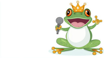 Fototapeta premium Frog crown microphone cartoon mascot singer performance illustration, smiling green king holding mic, flat design on background