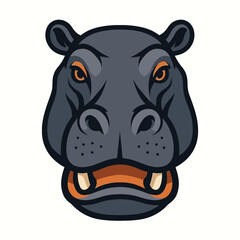 Naklejka premium Illustration of a cartoon hippopotamus head with orange eyes and teeth on a white background.