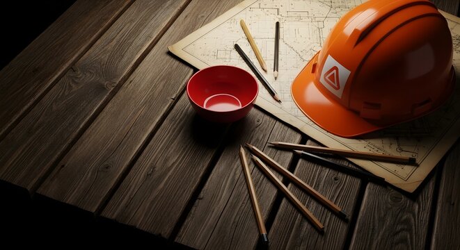 Labor day essentials hard hat nails and blueprints on wooden workbench