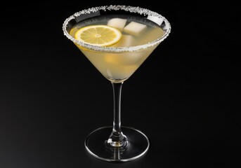 A martini glass filled with a yellow cocktail and garnished with a lemon slice on a black background