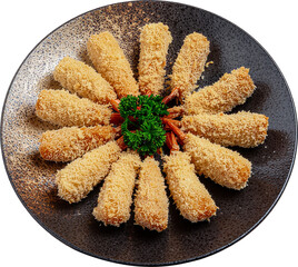 음식-튀김-새우 튀김-접시-바삭하게 튀겨진-접시에 담긴 새우튀김-원형 배치-생파슬리 데코-배경 제거