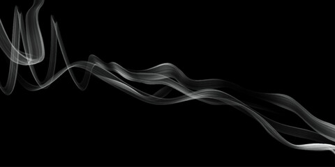 Fototapeta premium Abstract swirling grey smoke trails on black background, vector illustration, card, style. White smoke effect on a black background, vector illustration. Realistic white fog with volumetric clouds. 