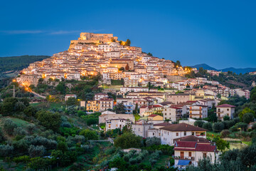 Rocca Imperiale, Italy hilltop town at night in the Calabria Region