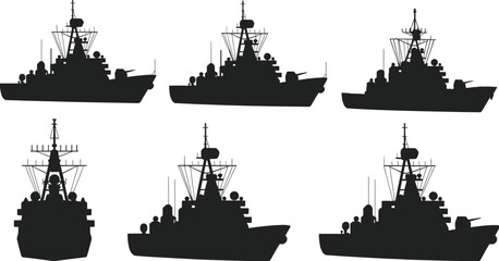 Modern naval warship silhouette set featuring military destroyer and frigate designs isolated on white background, perfect for defense, maritime illustration, military graphics, and strategic concept  © Melissa J. Abrams