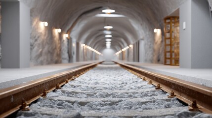 Obraz premium Rail tracks lead into a mine corridor with soft lights and clear space suitable for various uses