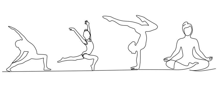 Continuous line drawing set of woman performing three complex yoga poses including handstand goddess pose and seated meditation for wellness design. Continuous one line drawing. Vector illustration
