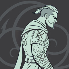 Naklejka premium Regal Viking Warrior Profile with Top Knot and Ornate Clothing - Ancient Nordic Culture and Character Design