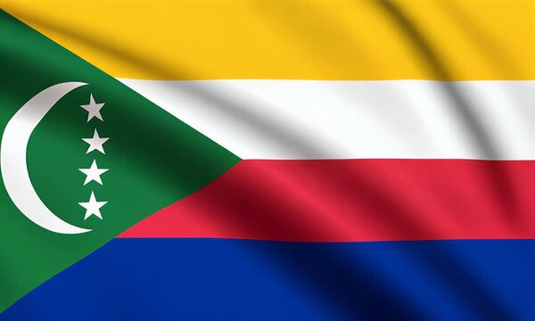 The flag of Comoros waving in the wind with green triangle and white crescent