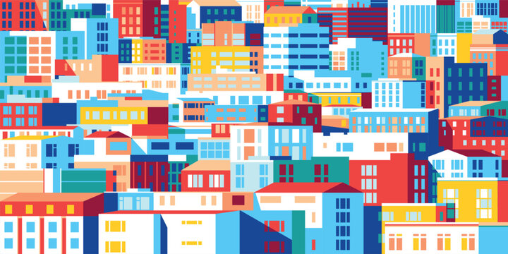 Trendy contemporary vector cityscape of a suburban city block featuring colorful modern and classic buildings, rooftops, apartments, community centers, and residential spaces. Pop art style.