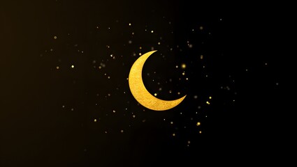 Fototapeta premium Golden crescent moon shining brightly in dark night sky with sparkling particles
