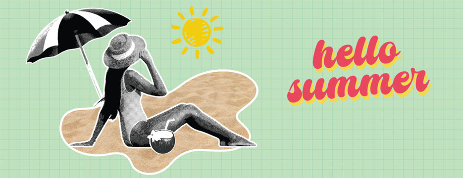 Retro vintage pop art comic style halftone collage summer holiday vacation, Travel and summer sale banner for social media cover with woman relaxing on beach under umbrella with coconut drink and sun