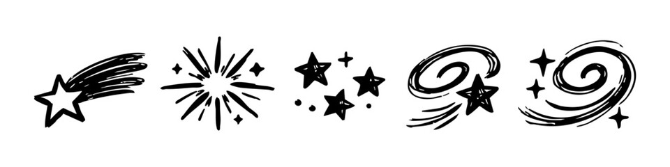 Hand-drawn space and star icons set featuring shooting stars, galaxy spirals, and starbursts in a sketchy, doodle style on a white background. © Петро Корженівський