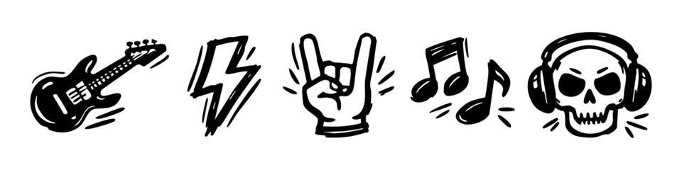Obraz premium Hand-drawn rock music icon set including electric guitar, lightning bolt, rock hand gesture, musical notes, and skull with headphones.