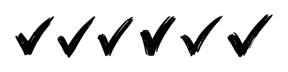 Set of hand-drawn black grunge checkmark icons isolated on a white background. Hand-painted tick symbols for checklists and approval marks. © Nort Kor