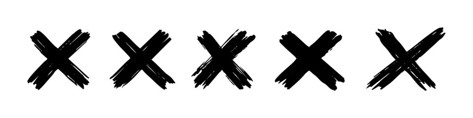 Obraz premium Set of hand-drawn black grunge cross symbols isolated on a white background. Textured ink 'X' marks for delete, error, or reject concepts.