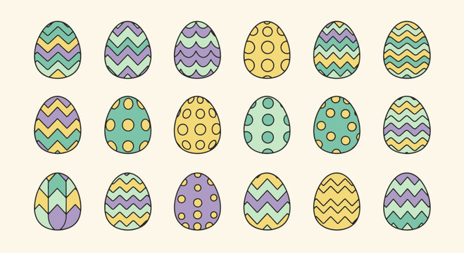 Collection of Pastel Easter Eggs Featuring Diverse Patterns Including Cheerful Zigzags Smooth Waves and Playful Dots