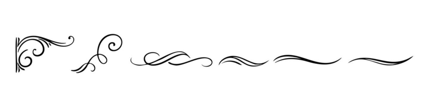 Elegant set of calligraphic swirls, decorative flourishes, and dividers. Vintage vector ornaments for wedding invitations and certificates.